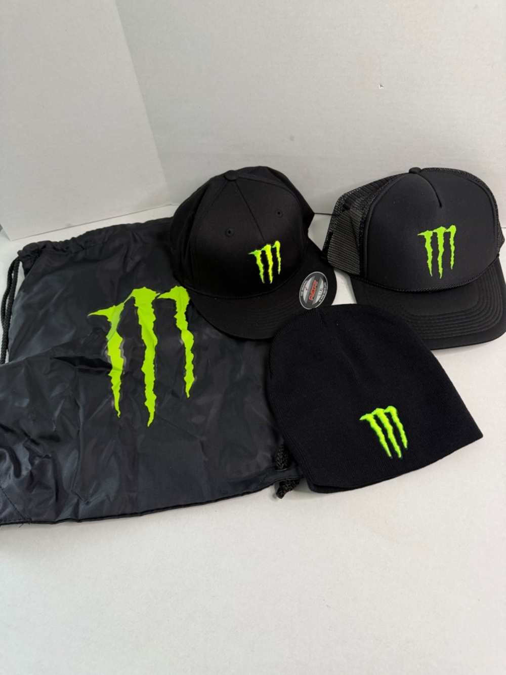 3 Monster Energy Hat Lot. Flexfit L/XL  Trucker Hat Beanie & Drawstring Bag NWOT